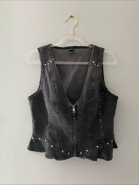 Black Stud-Accent Denim Vest - Women's Jacket & Coat